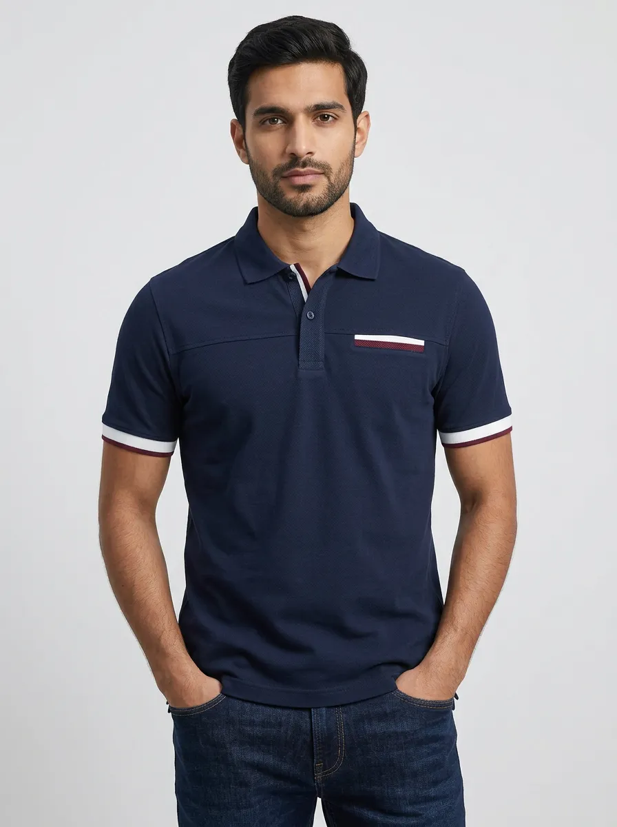 Men's Navy Blue Contrast Trim Striped Pocket Polo Shirt