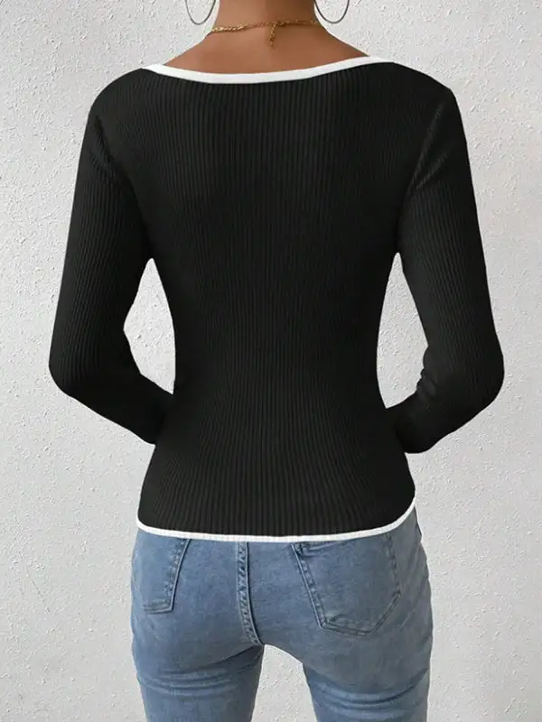 Long Sleeve Slim Fit Contrast Pleat Detail Panel Detail V-Neck T-Shirt