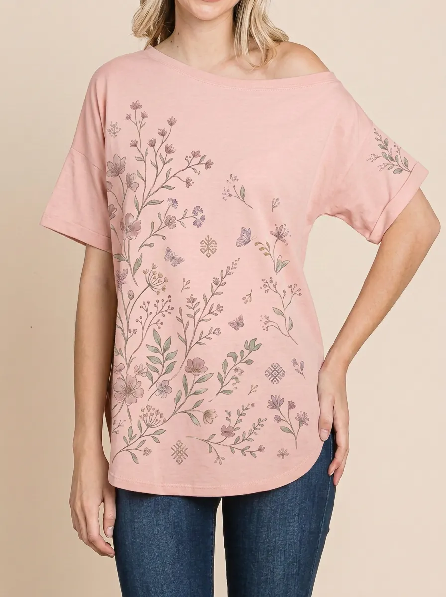 Women's Botanical Butterfly Floral Printed Off-Shoulder Top
