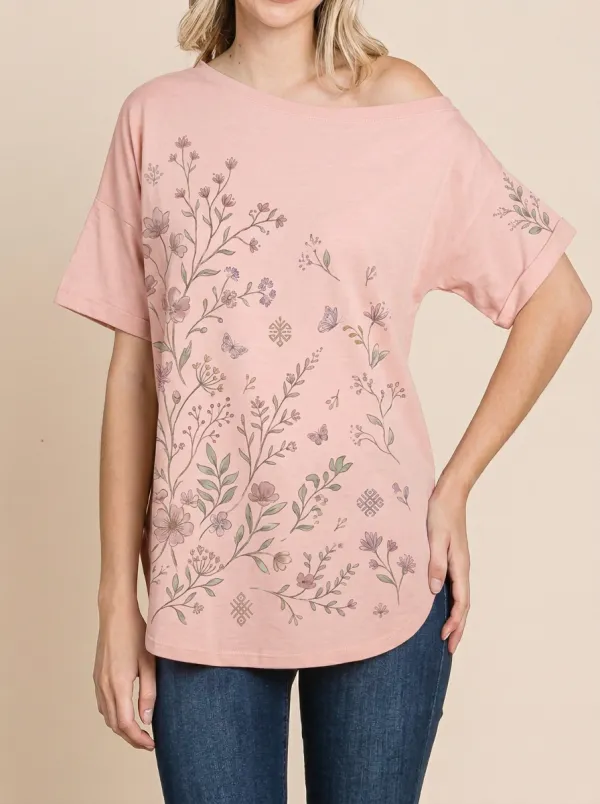 Women's Botanical Butterfly Floral Printed Off-Shoulder Top