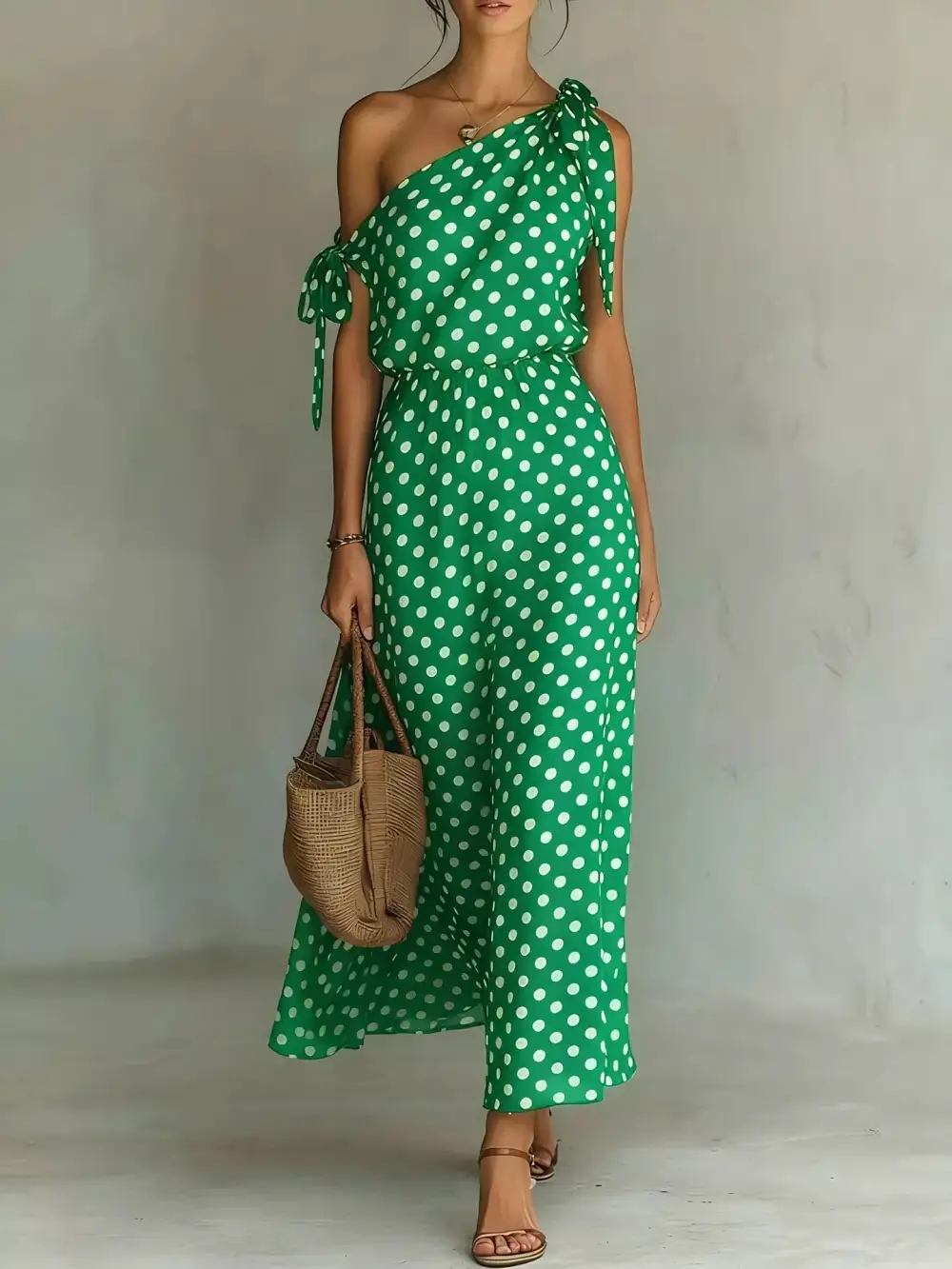 Full Size Polka Dot One Shoulder Maxi Dress With Tie Details Plus Size