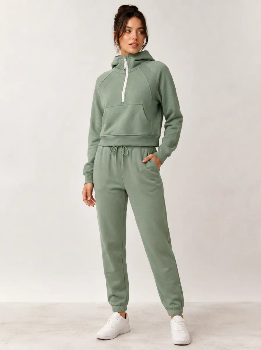 Women's Casual Sporty Sage Green Quarter-Zip Hoodie Jogger Set