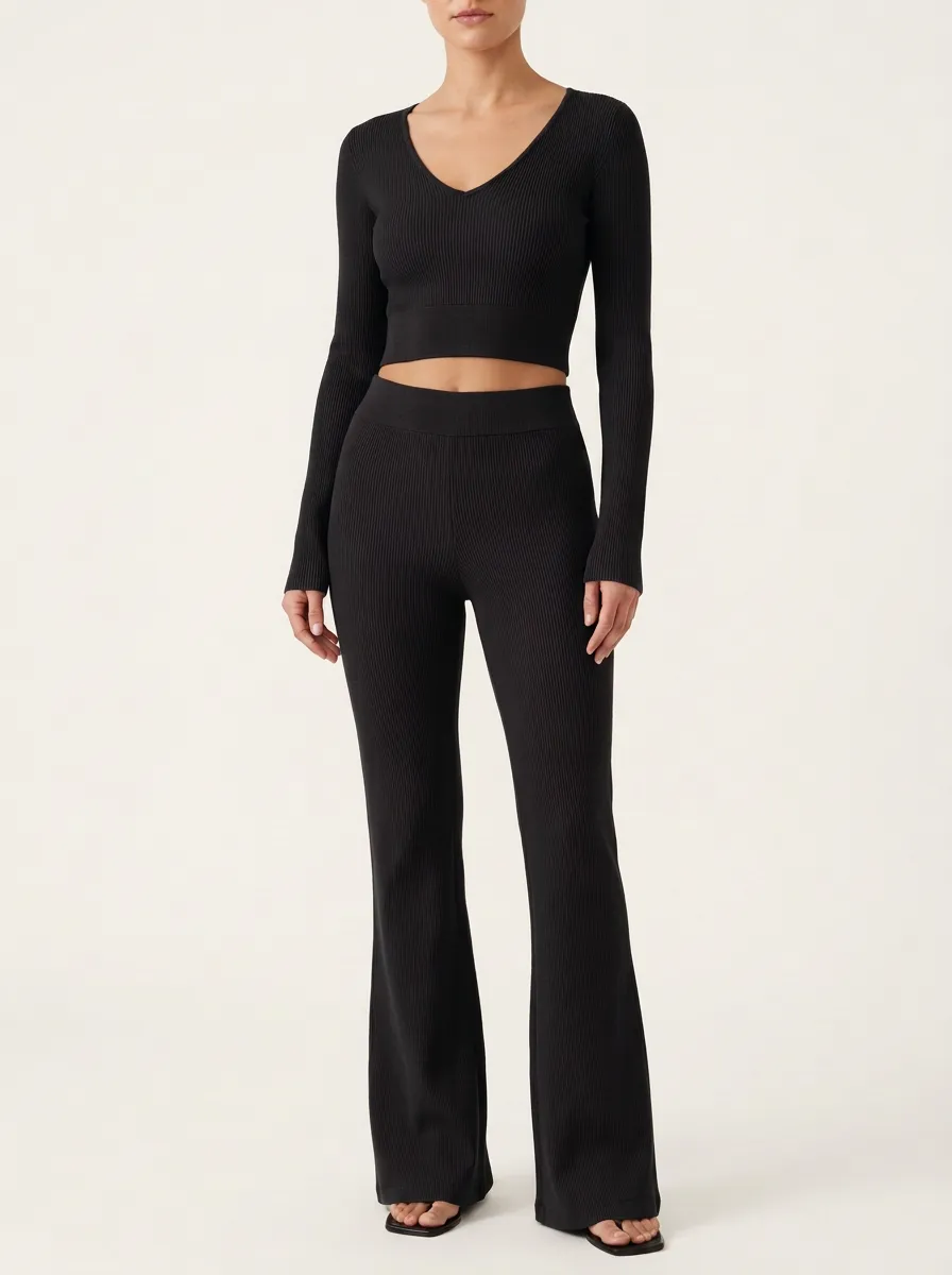 Women's Ribbed V-Neck Wide-Hem Crop Top and Flare Trouser Set