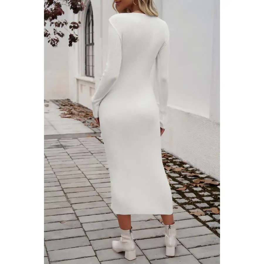 Drawstring Round Neck Long Sleeve Midi Dress