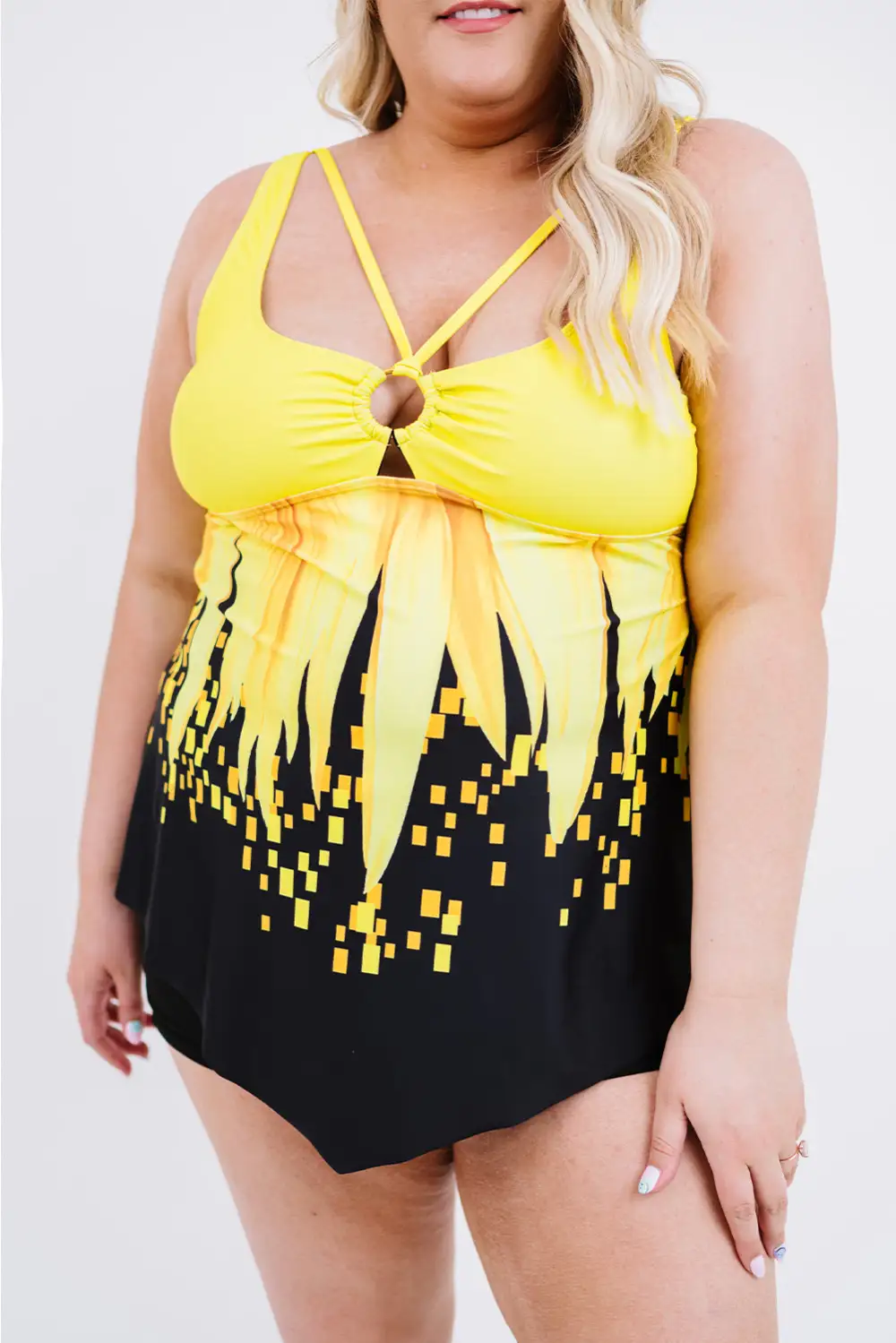 Swimwear Floral Color Block Criss Cross Plus Size Tankini Set