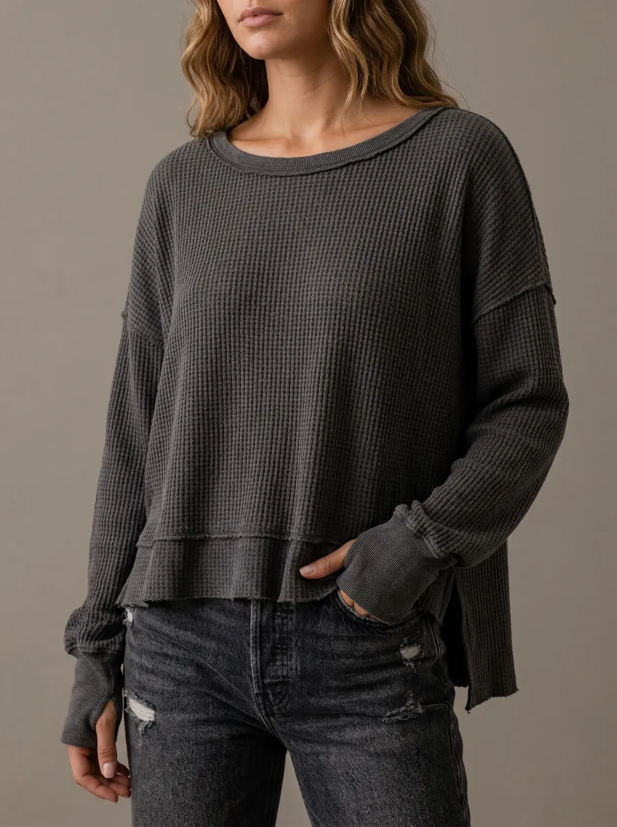 Women's Casual Charcoal Waffle Knit Raw Hem Long Sleeve Top