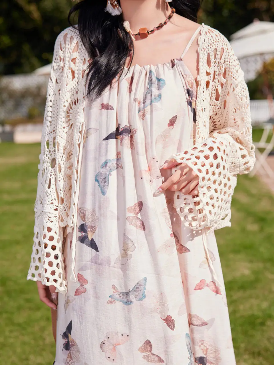 Beaded Butterfly Crochet Maxi Dress