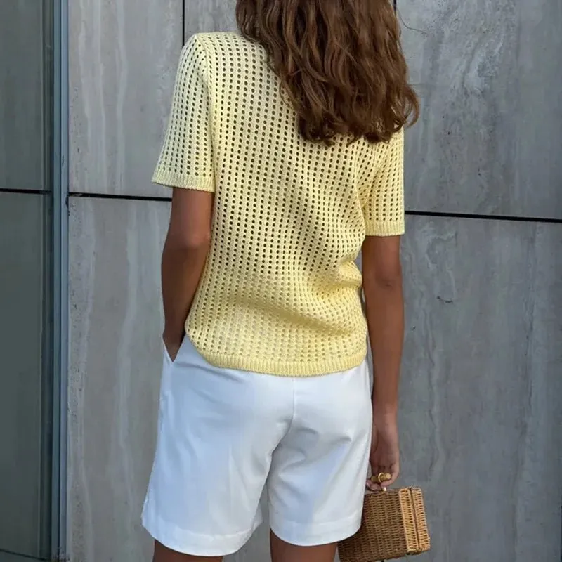 Hollow-Out Knit Polo Blouse