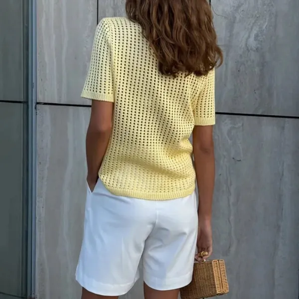 Hollow-Out Knit Polo Blouse