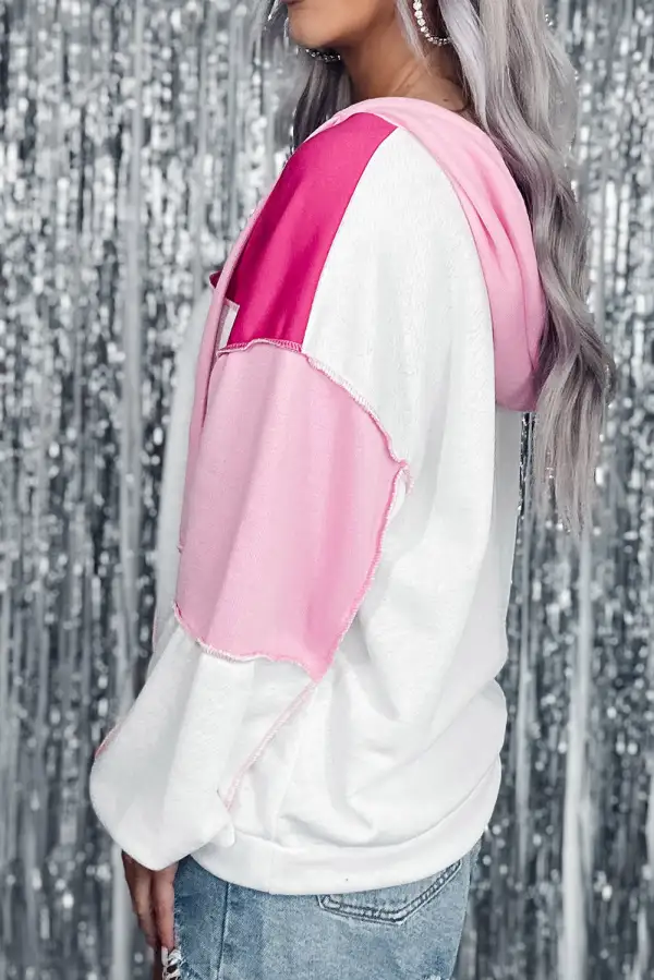Color Block Exposed Seam Loose Sleeve Hoodie