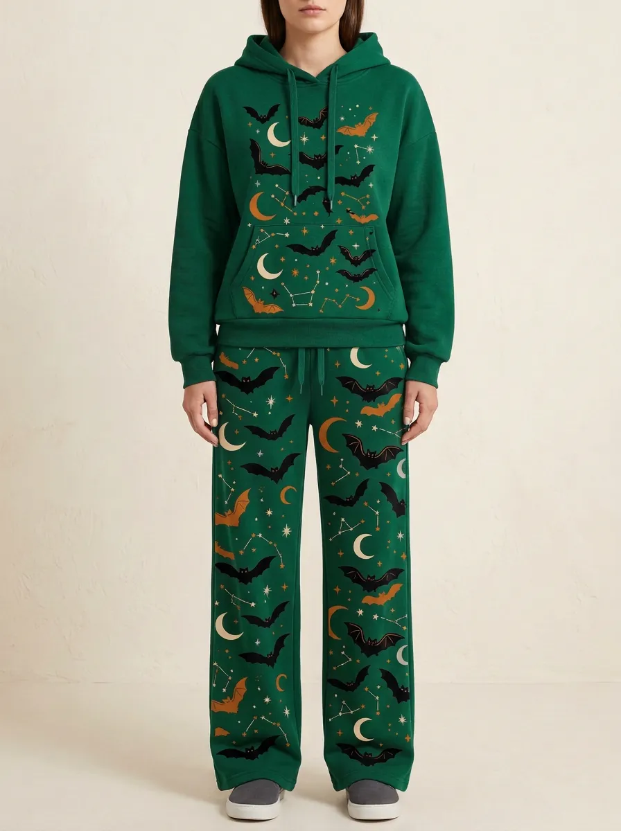 Women's Halloween Bat Moon Star Printed Hoodie and Pants Set