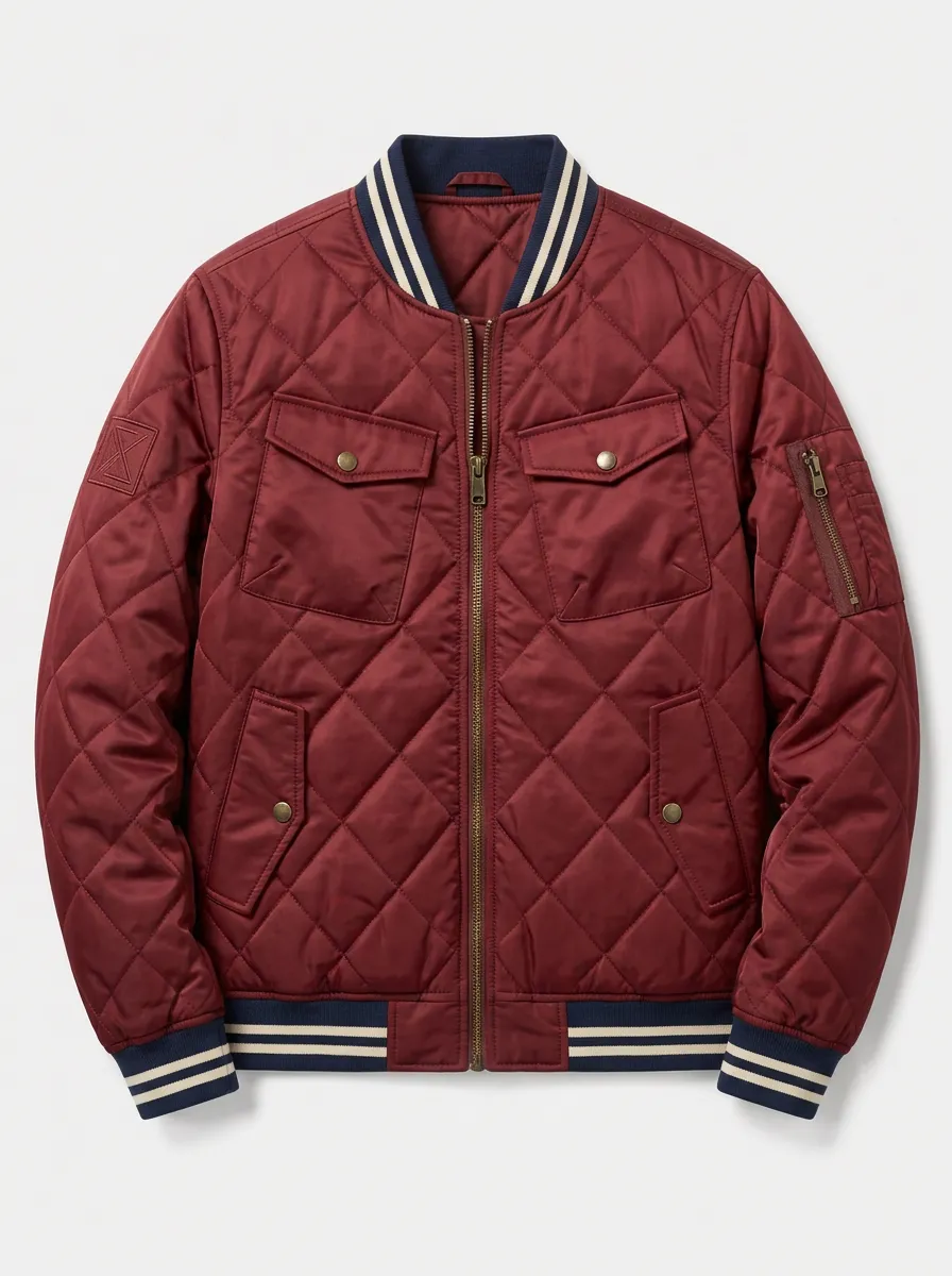 Men's Casual Burgundy Quilted Bomber Jacket