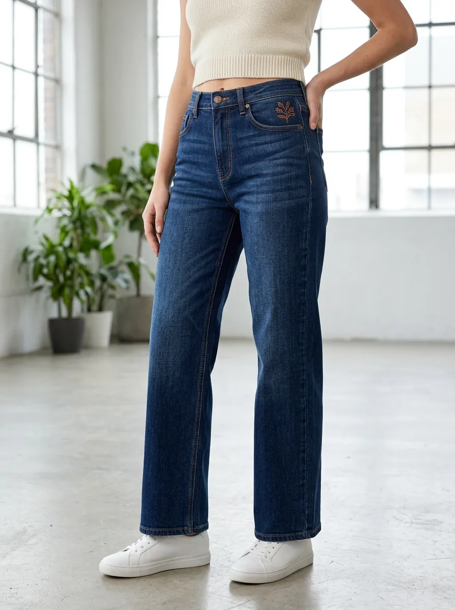 Women's Botanical Minimalist Floral Embroidered Printed Jeans