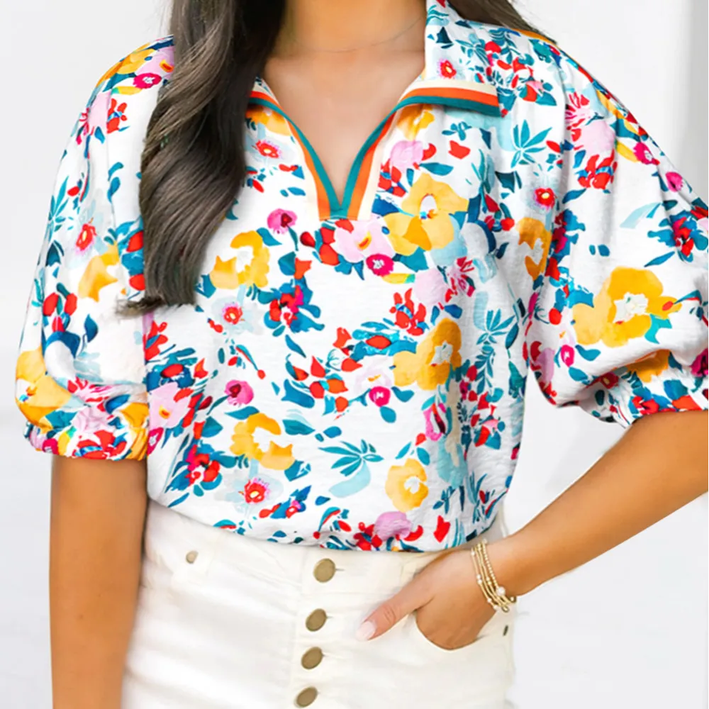 Softly Styled Floral V-Neck Short Sleeve Blouse