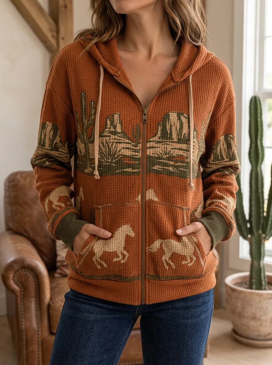 Women's Western Desert Horse Printed Waffle Knit Zip Hoodie