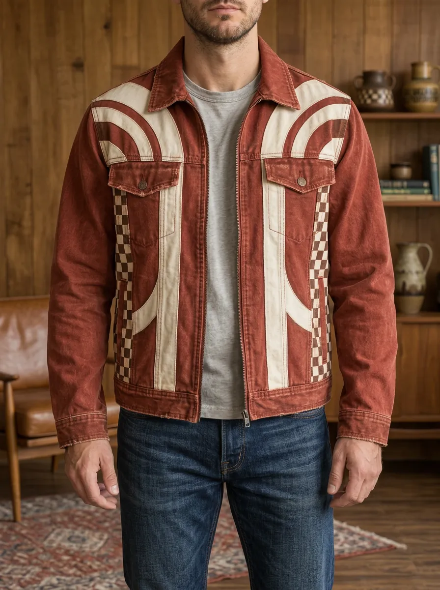 Men's Vintage Retro Checkerboard Stripe Printed Jacket