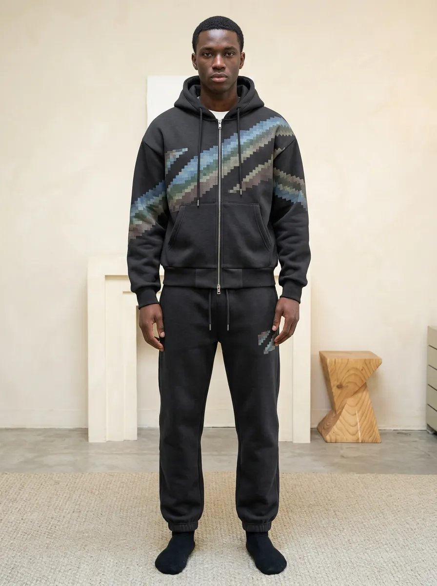 Men's Geometric Pixel Stripe Printed Hooded Tracksuit Set