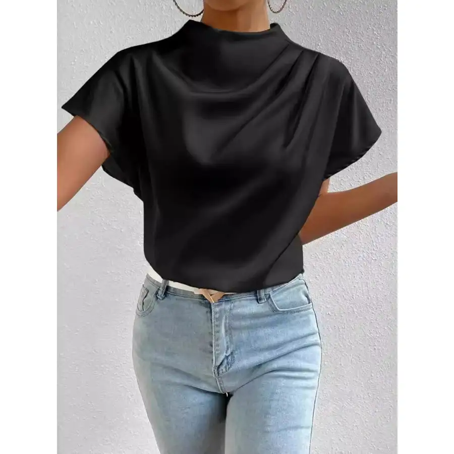 Mock Neck Short Sleeve Satin Blouse
