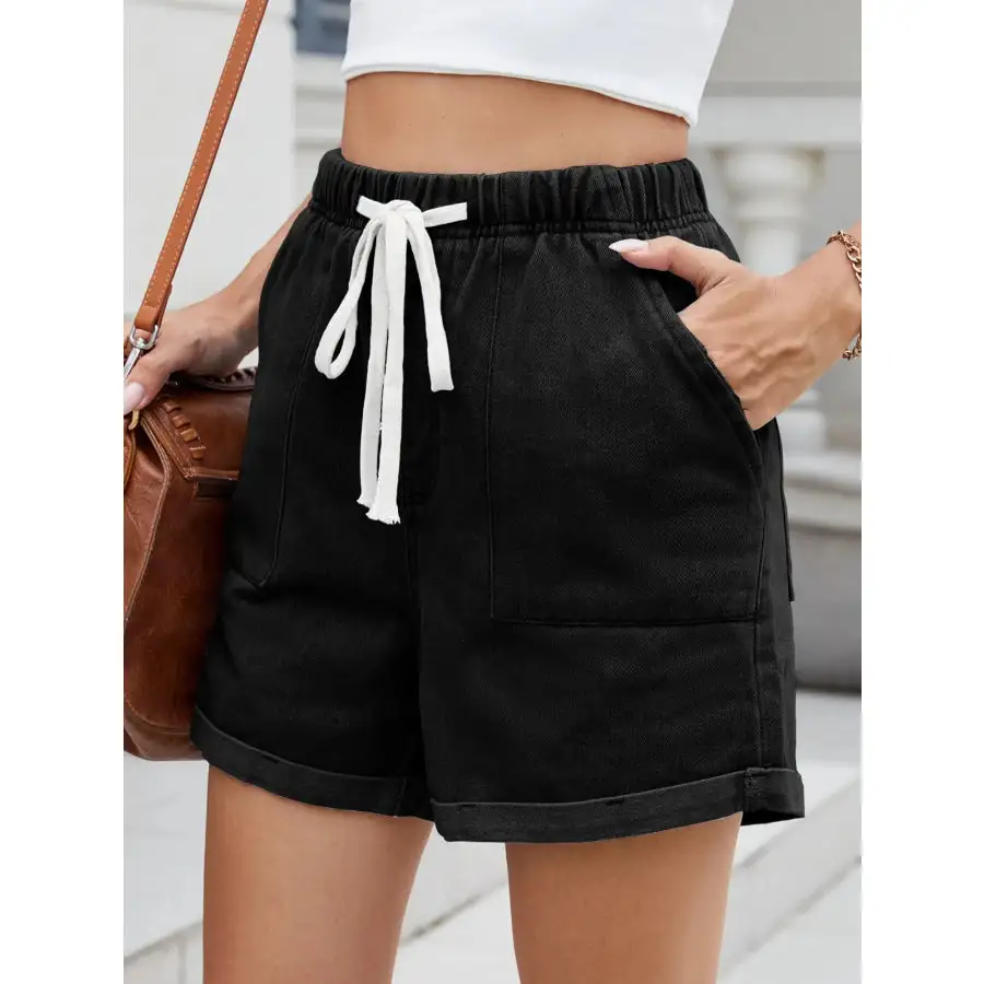 Casual Drawstring Pocketed Denim Shorts