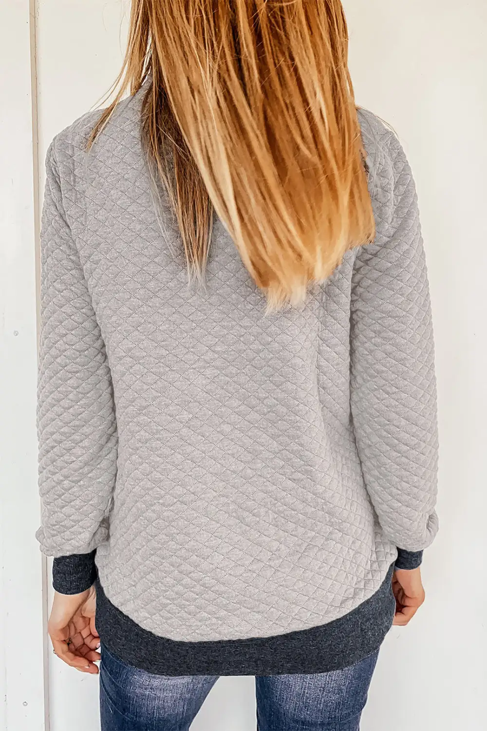 Quilted Snaps Stand Neck Fake Front Pocket Sweatshirt