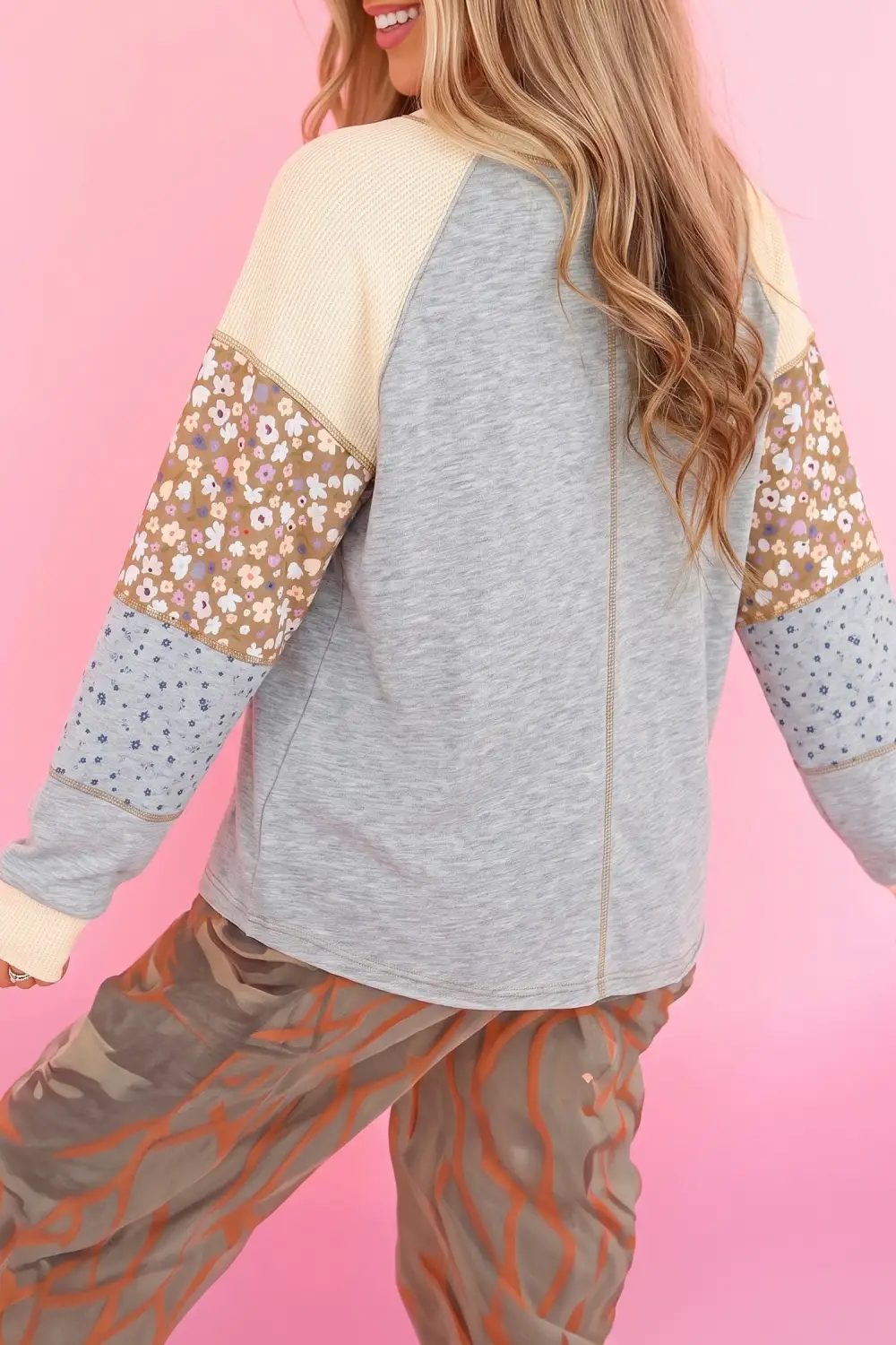 Women's Floral Print Colorblock Waffle Knit Top