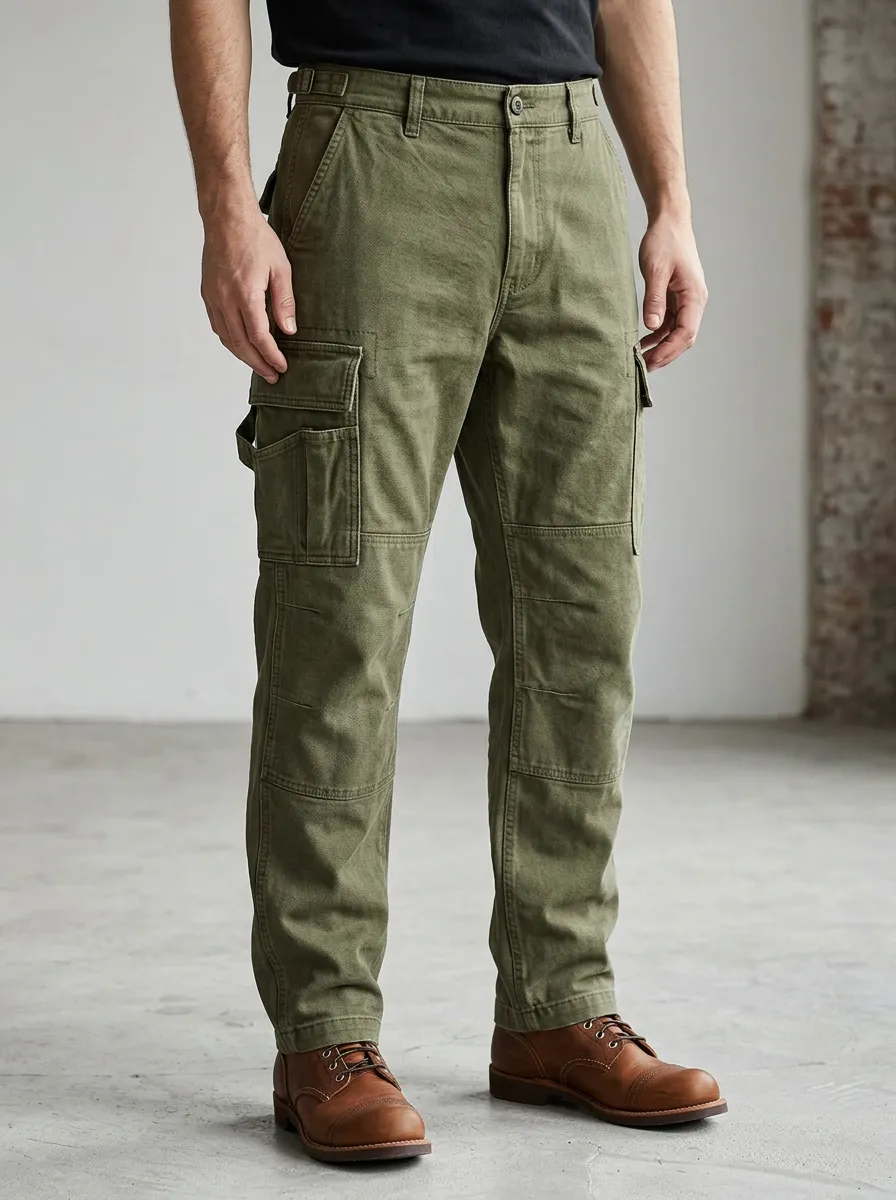 Men's Olive Green Tactical Multi-Pocket Adjustable Waist Tabs Cargo Pants
