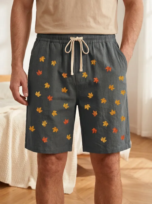 Maple Leaf Print Drawstring Scattered Shorts