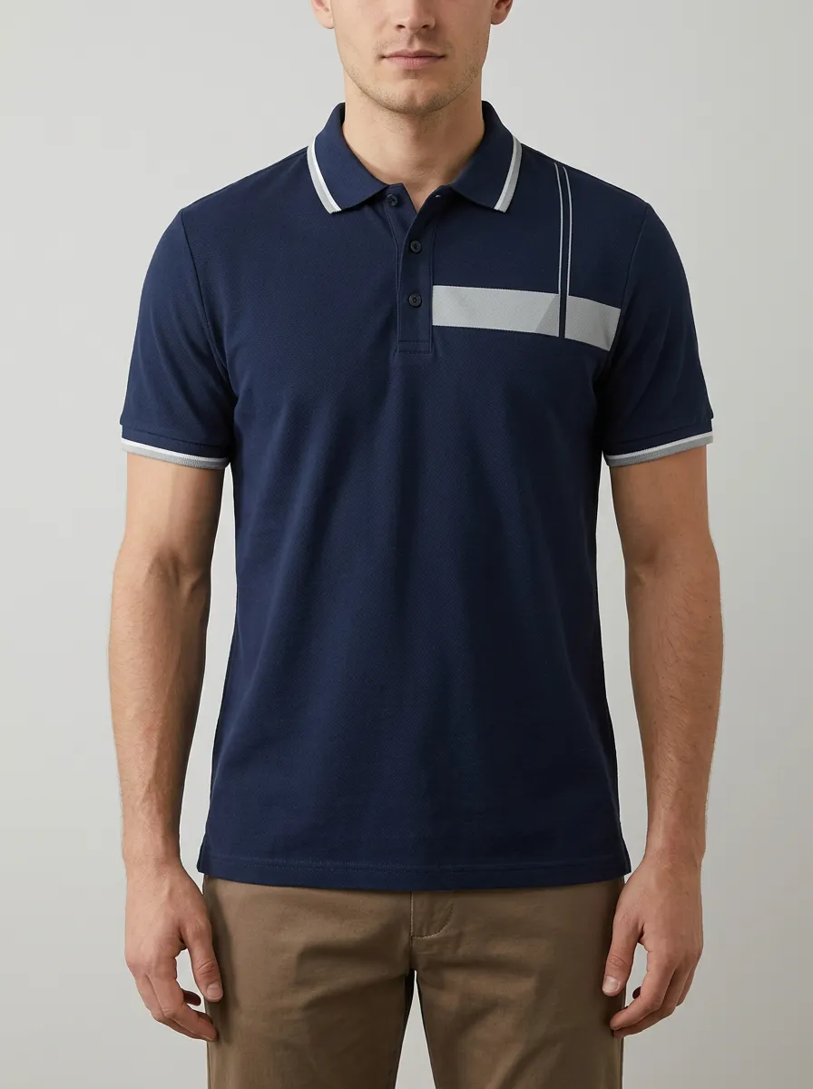 Men's Casual Minimalist Navy Grey Striped Printed Polo Shirt