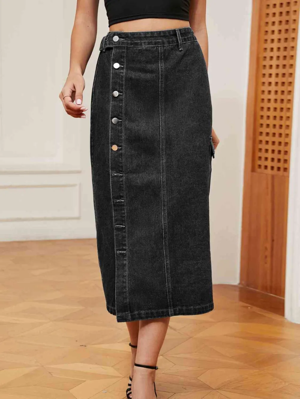 Simple Denim Button Front Skirt