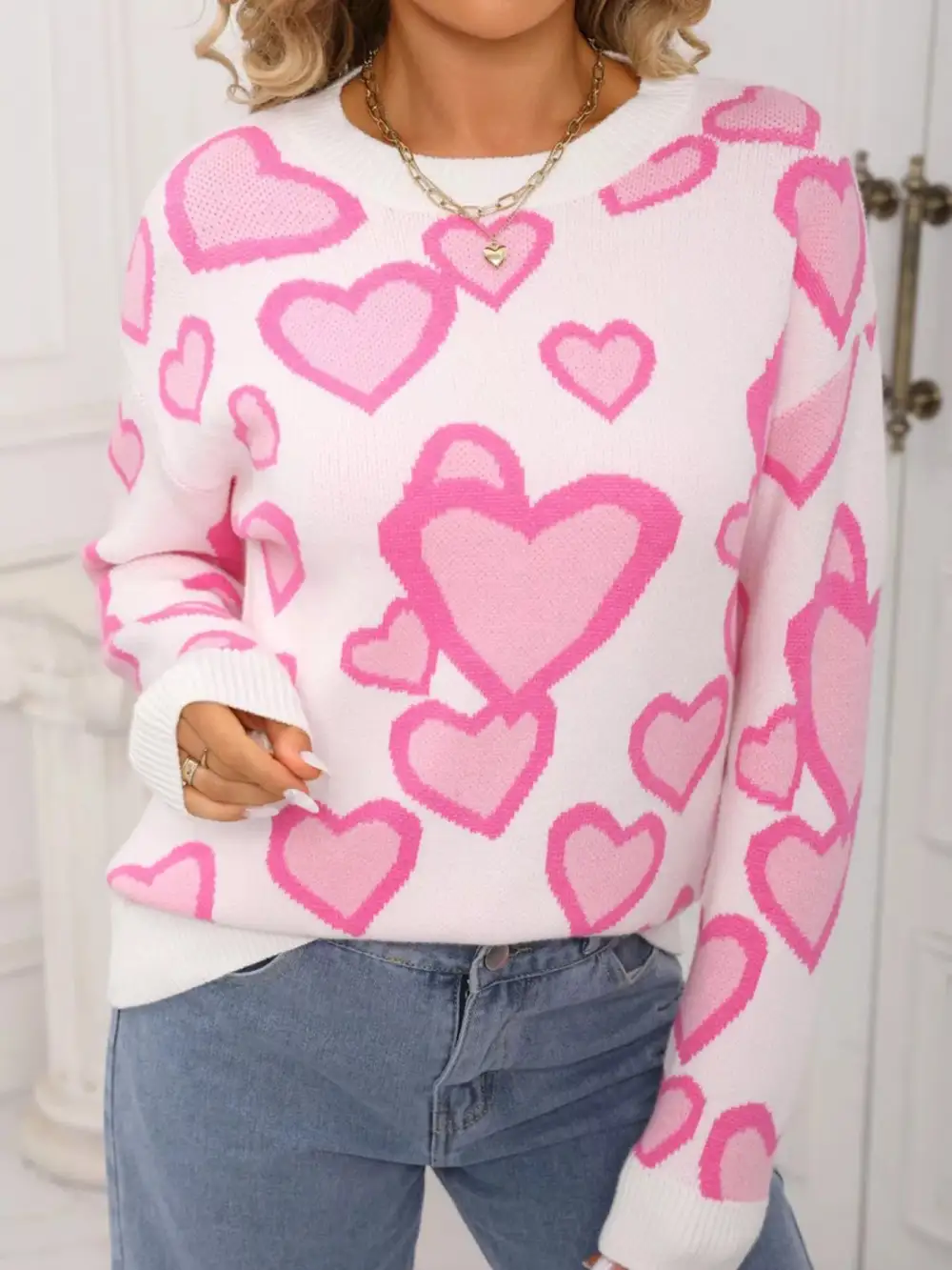 Textured Valentine's Day Heart Crew Neck Sweater