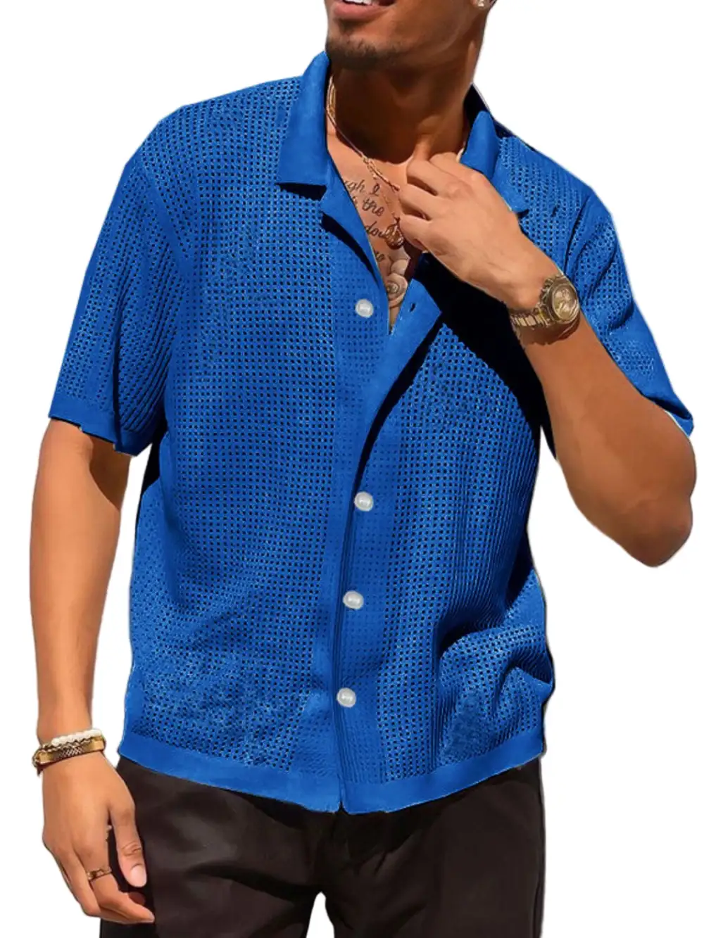 Button Down Openwork Collared Shirt