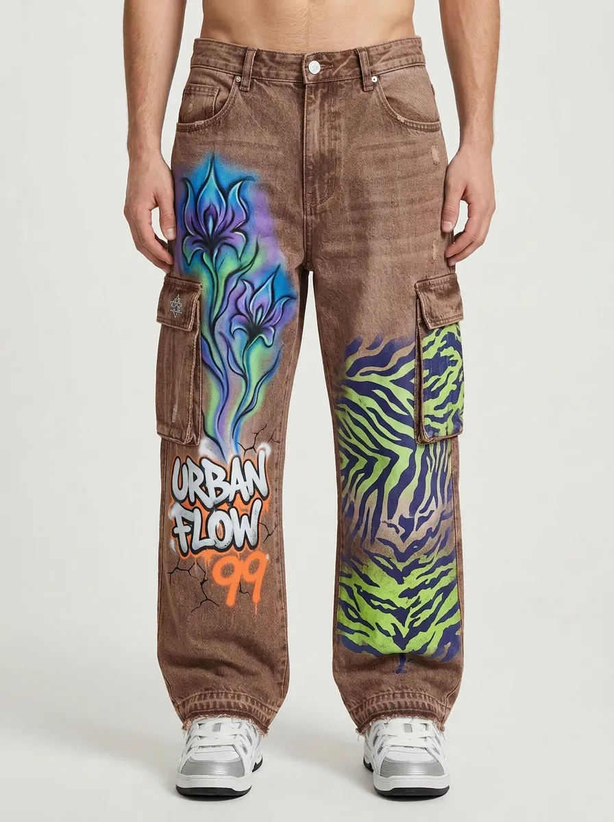 Men's Streetwear Urban Flow Floral Zebra Graphic Cargo Jeans