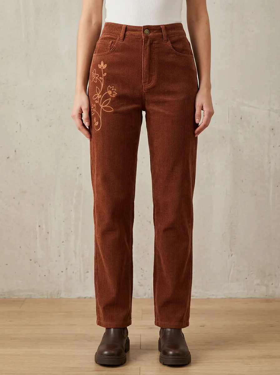 Women's Floral Nature Lover Brown Embroidered Corduroy Pants