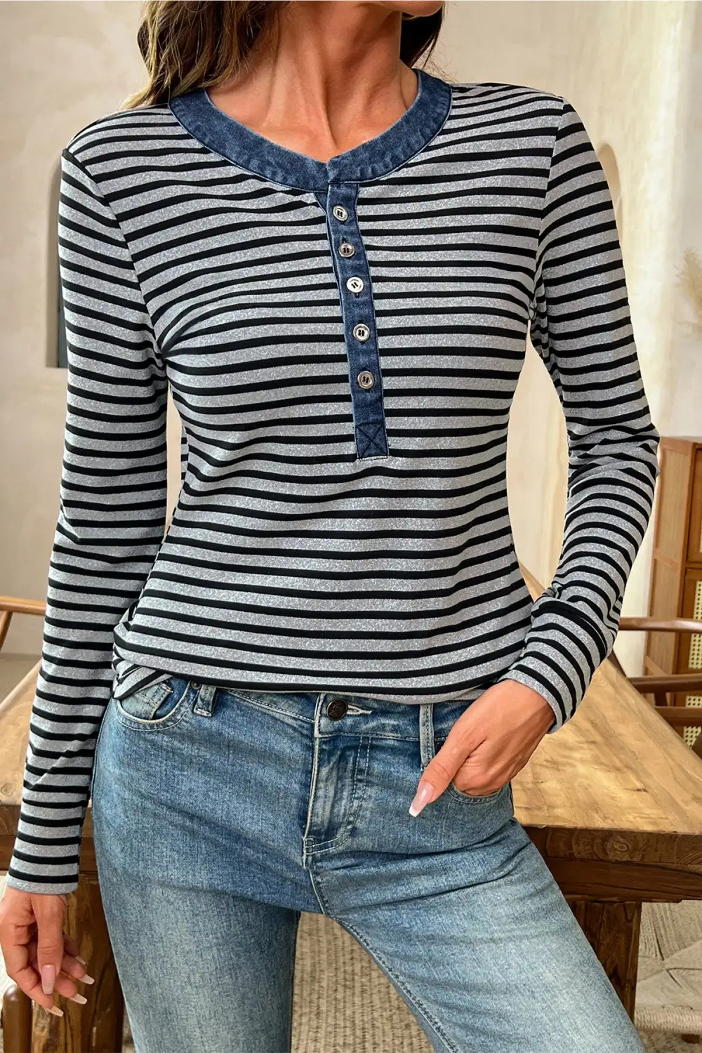 Striped Ribbed Relaxed Stretch Fabric Long Sleeve Top
