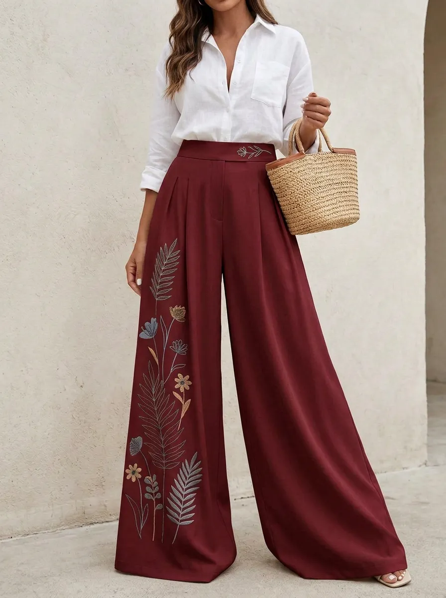 Women's Beige Floral Embroidered Floral Print High-Waisted Wide-Leg Trousers