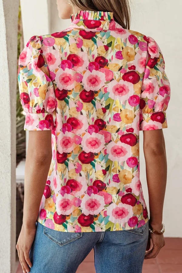 Women's Floral Print V Neck Frilled Top