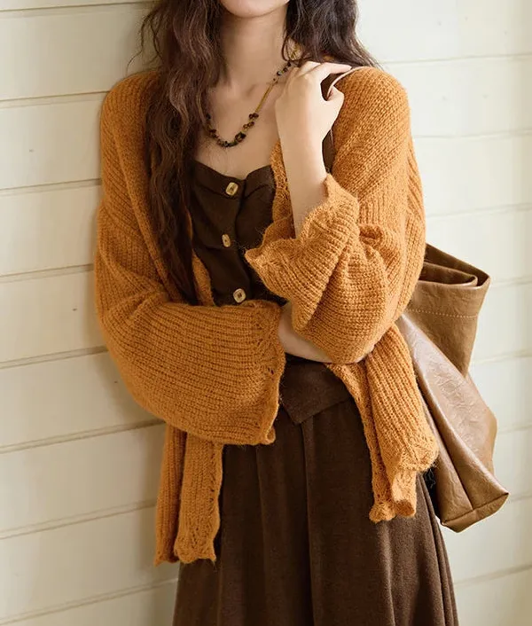 Polyester-Blend Open-Knit Openwork Scalloped-Trim Cardigan