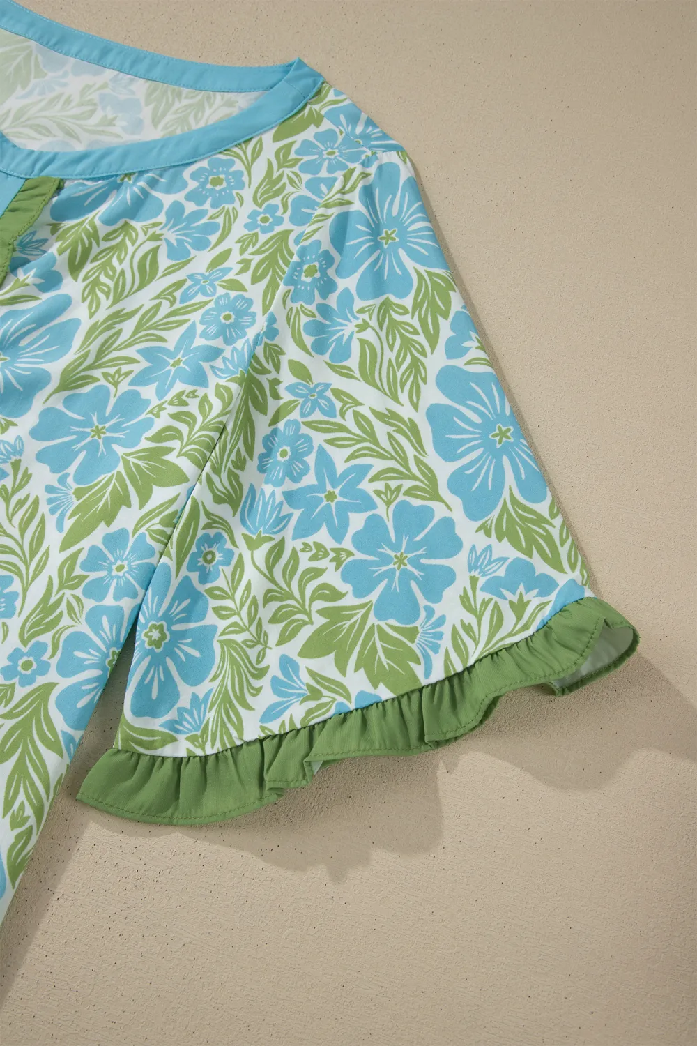 Sky Blue Floral Print Ruffled Blouse