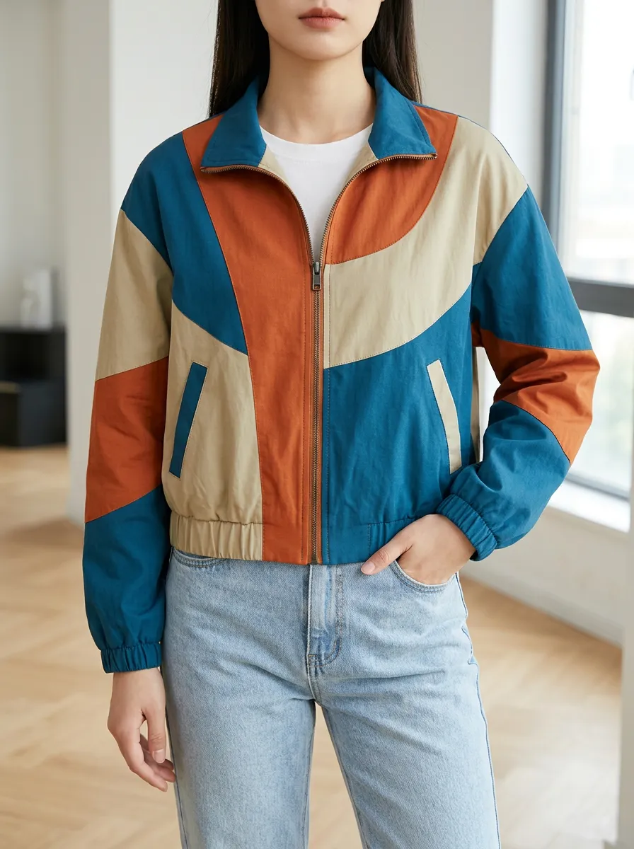 Women's Classic Retro Colorblock Geometric Jacket