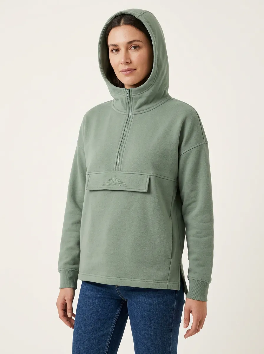 Women's Mountain-Embroidered High-Neck Half-Zip Hoodie