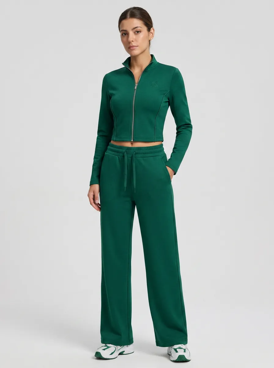 Women's Casual Sporty Green Zip-Up Crop Top Wide-Leg Tracksuit