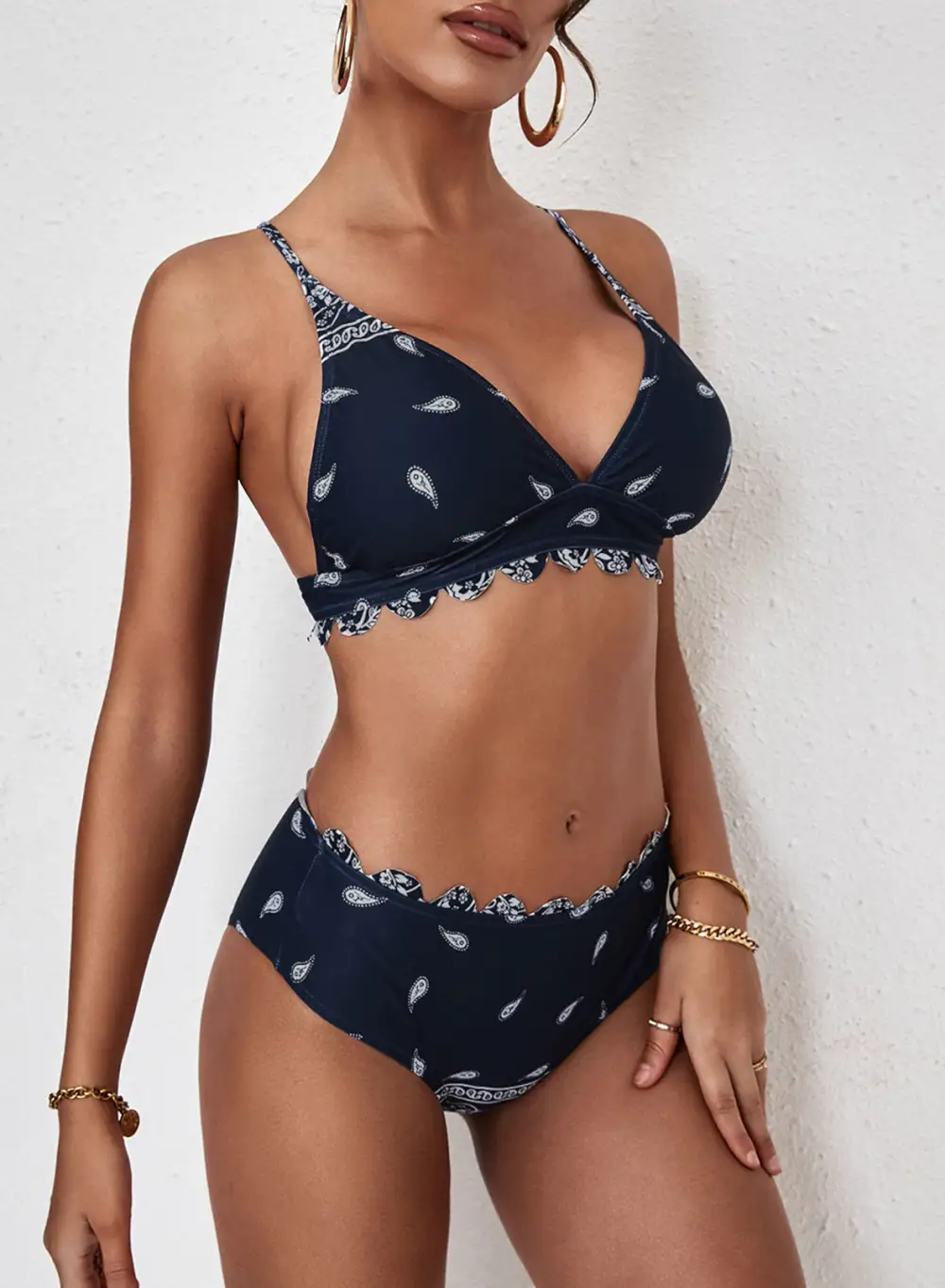Swimwear Tribal Paisley Scalloped High Waist Bikini Set V Neck Triangle Padded Two Piece Swimsuits Bathing Suit