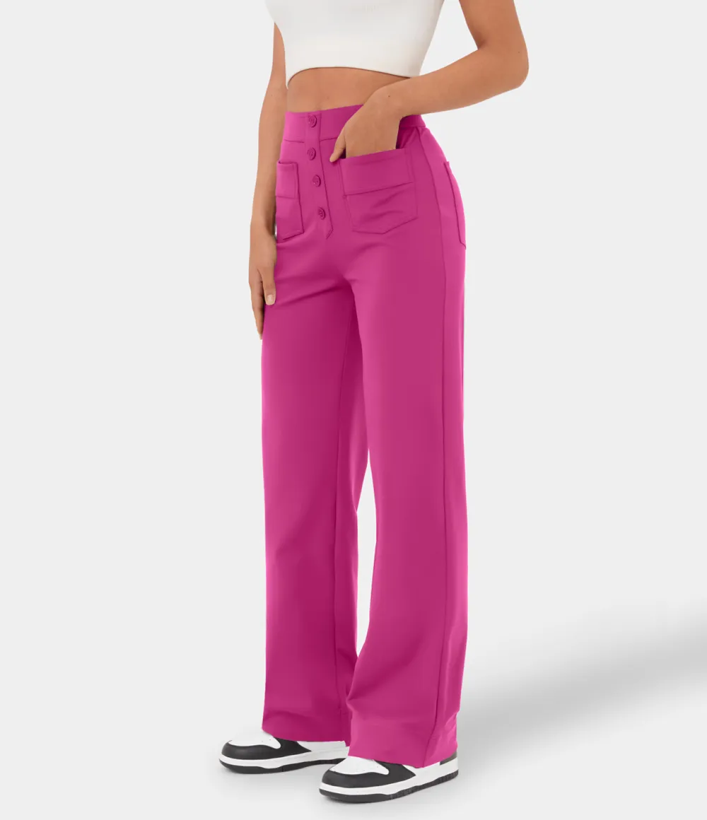 High Waisted Button Multiple Pockets Straight Leg Casual Pants