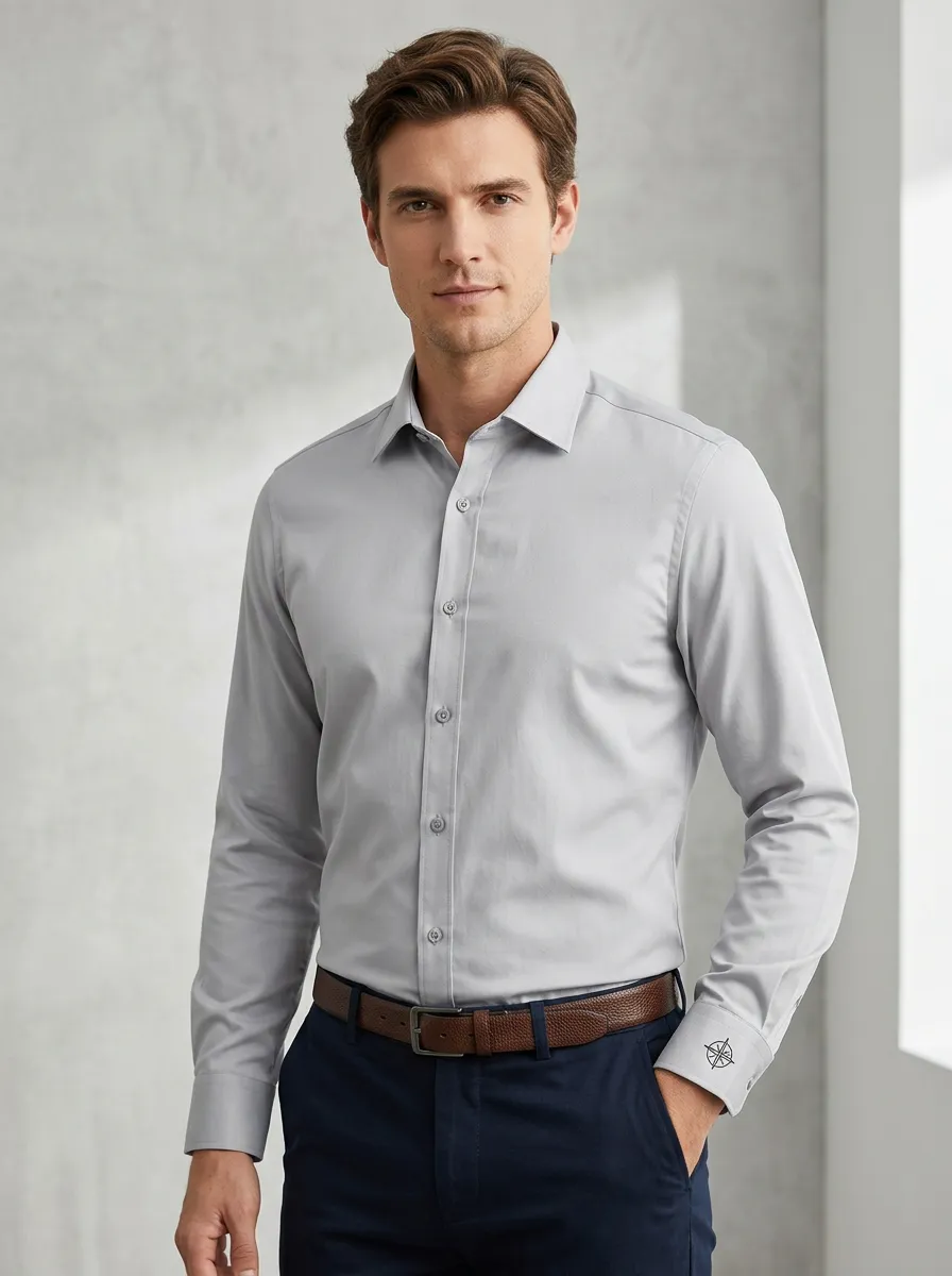 Men's Non-Iron Cotton Compass Embroidered Long Sleeve Shirt
