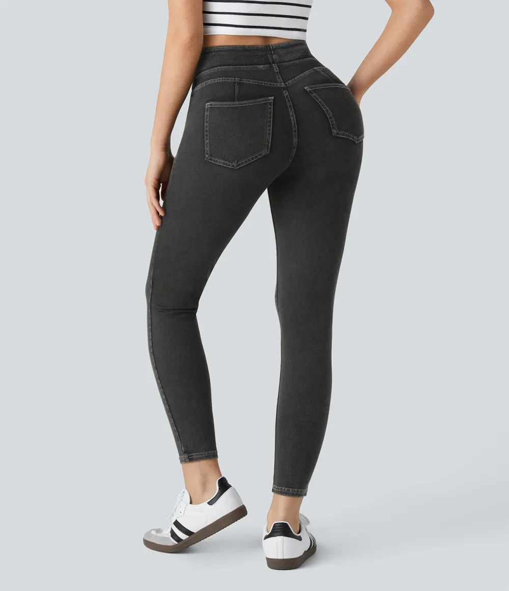 Magic Curvy High Waisted Decorative Button Multiple Pockets Stretchy Knit Denim Casual 7/8 Leggings