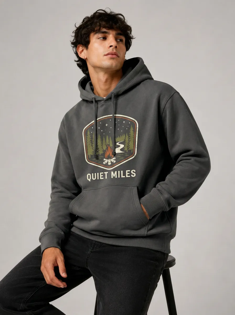 Men's Camping Nature Lover Quiet Miles Forest Campfire Printed Hoodie