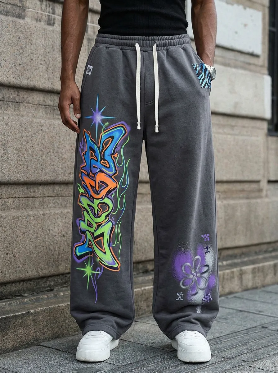 Men's Streetwear Graffiti Star Flower Printed Sweatpants