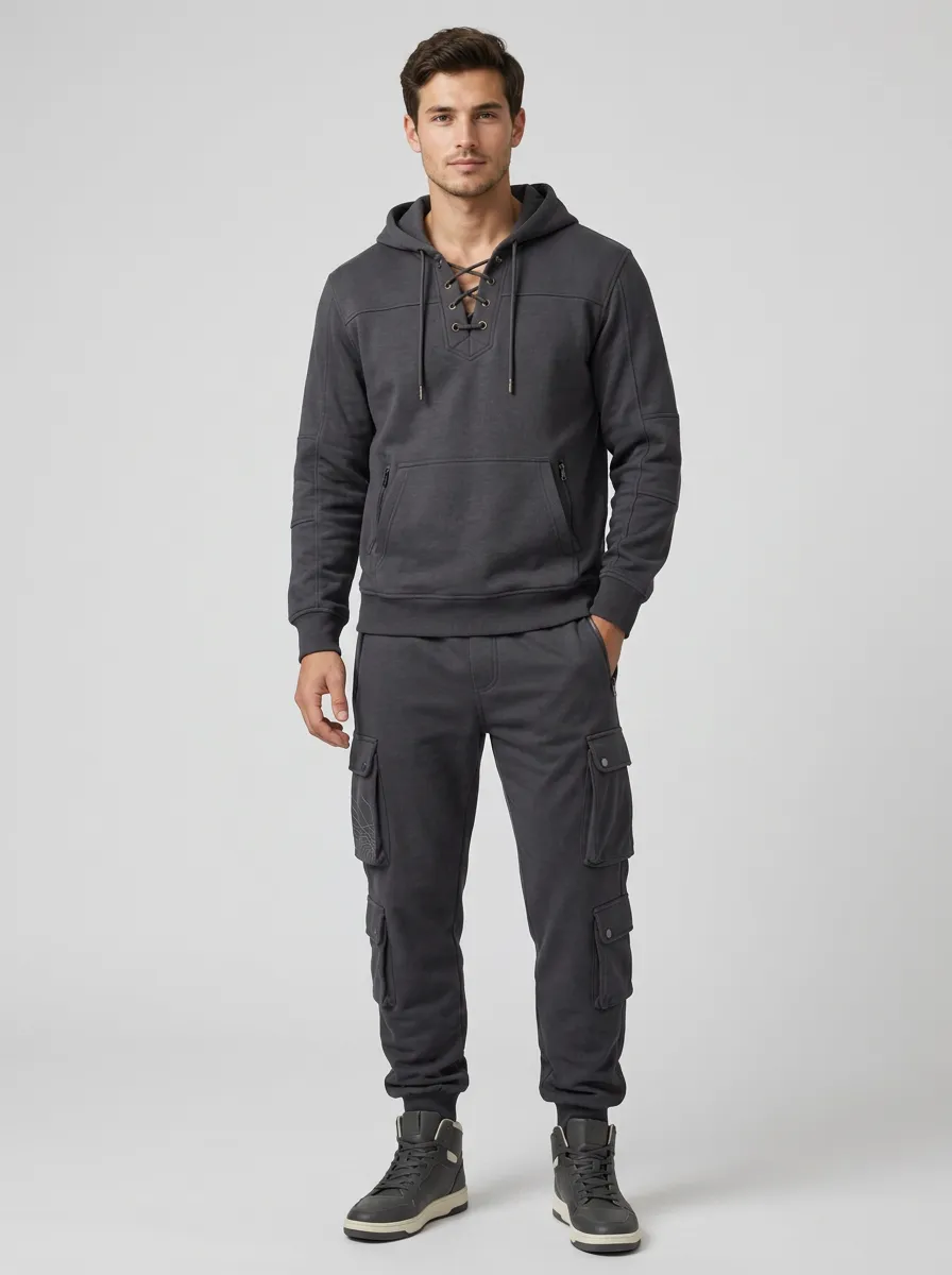 Functional Lace-Up Multi Pocket Design Men's Lace Up Hoodie And Cargo Jogger Set