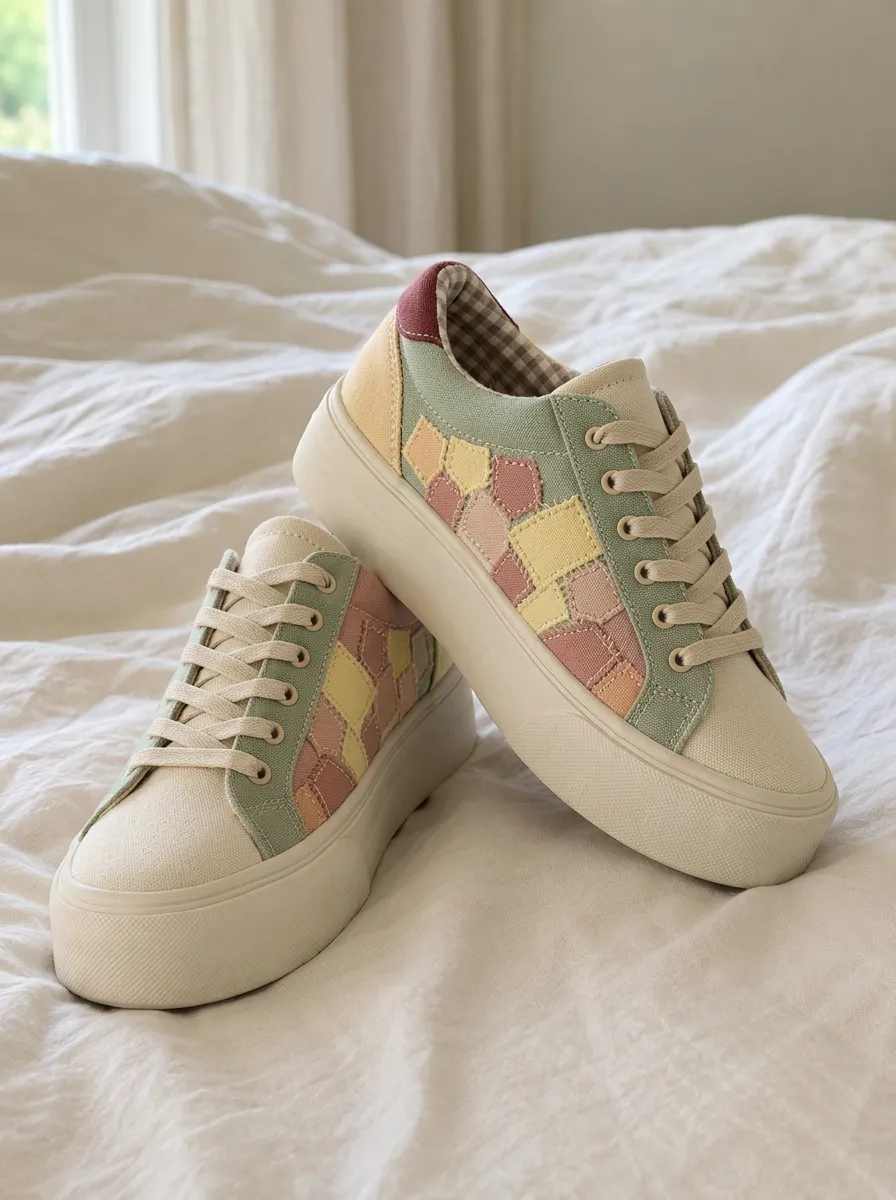 Women's Pastel Patchwork Quilted Pattern Printed Canvas Shoes