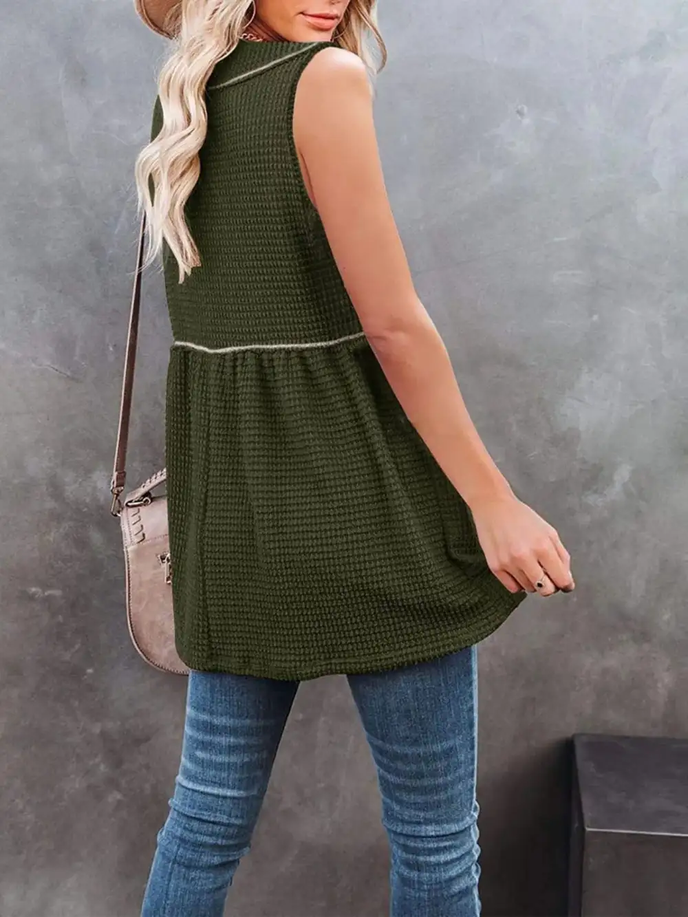 V-Neck Waffle Knit Tank Top With Contrast Stitching